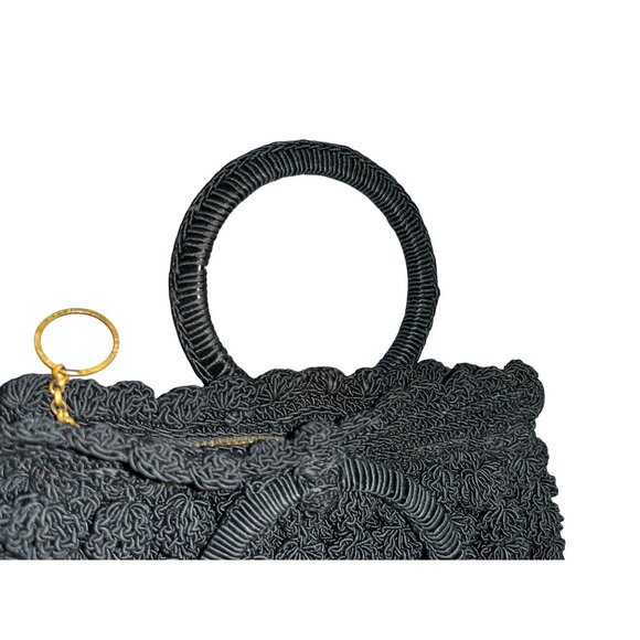 Vintage Black Crocheted Popcorn Stitch Handbag Small Purse Mid Century Used - Picture 8 of 16